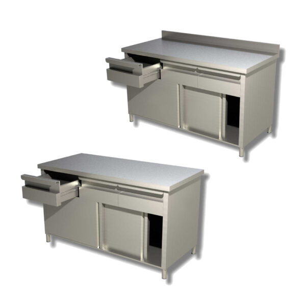 Tavolo armadiato con porte scorrevoli e cassetti - acciaio inox - Profondità 60 cm