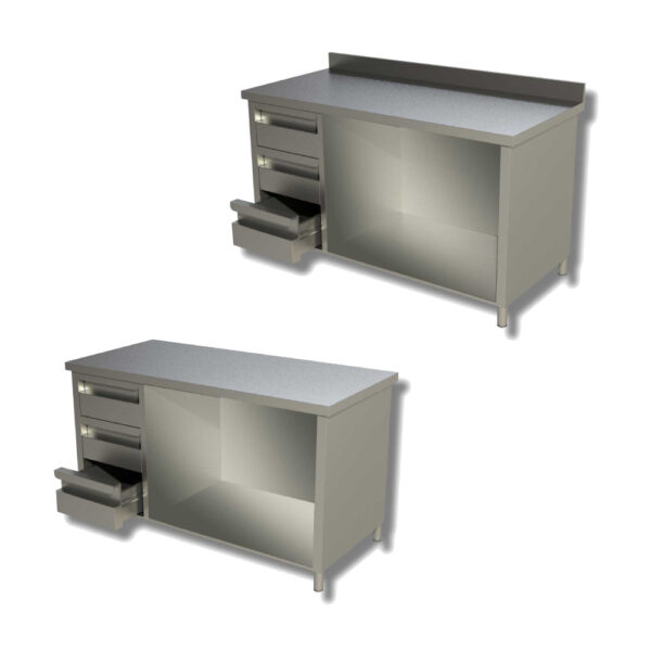 Tavolo a giorno con 3 cassetti a sinistra - acciaio inox - Profondità 60 cm