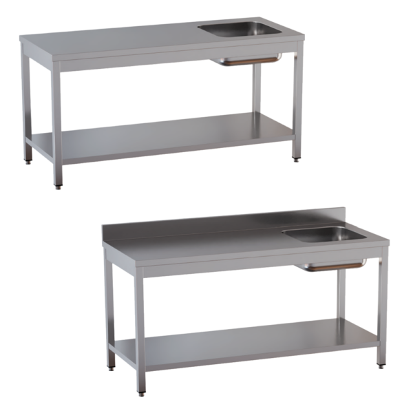 Tavolo da lavoro in acciaio inox - con piano di fondo e vasca a destra - Profondità 80 cm