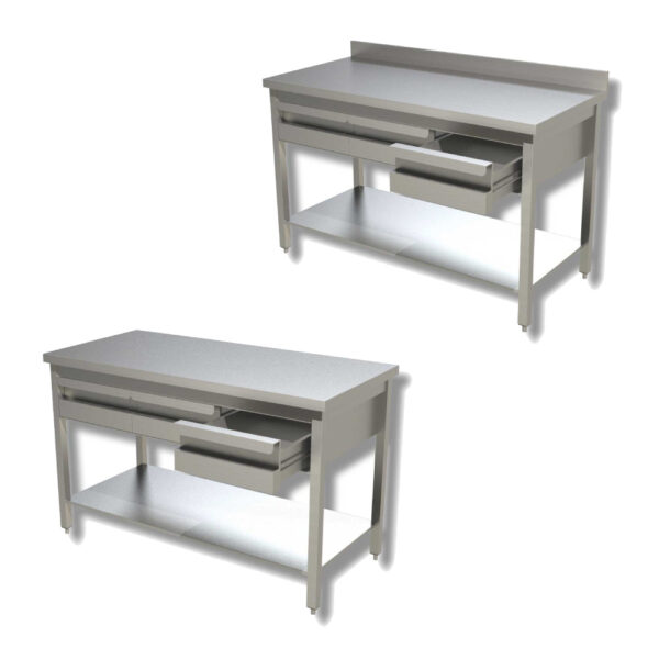 Tavolo da lavoro in acciaio inox - con piano di fondo e cassetti - Profondità 70 cm