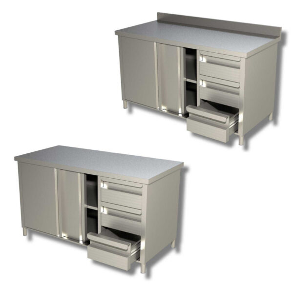 Tavolo armadiato con porte scorrevoli e 3 cassetti a destra – acciaio inox – Profondità 60 cm