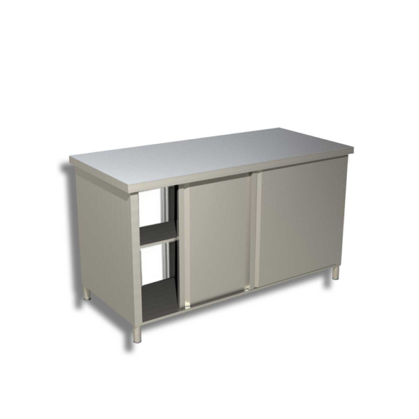 Tavolo armadiato con porte scorrevoli su due lati - acciaio inox - Profondità 80 cm
