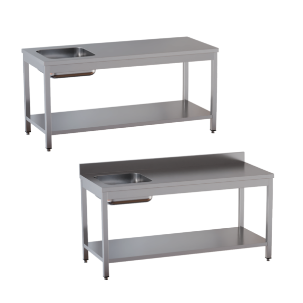 Tavolo da lavoro in acciaio inox - con piano di fondo e vasca a sinistra - Profondità 80 cm
