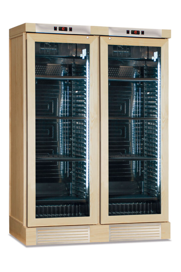Frigo vini statico con ventola on/off rivestito in frassino naturale. +4 °C / +18 °C
