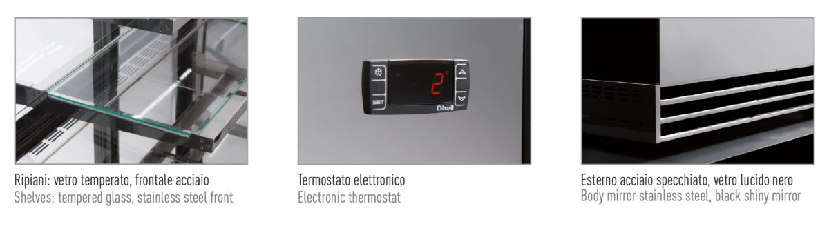 Banco pasticceria quattro lati vetro ventilato, porte scorrevoli +2 °C / +10 °C - immagine 2