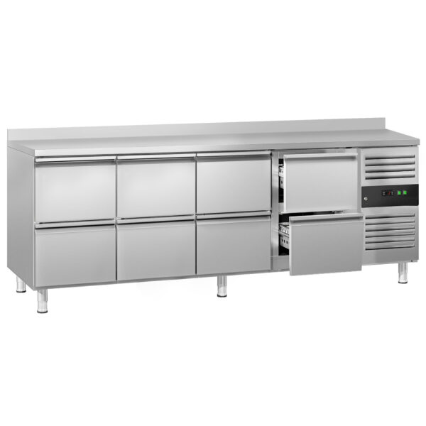 Tavolo refrigerato- 2230x700mm - Ventilata - con 8 cassetti - Alzatina